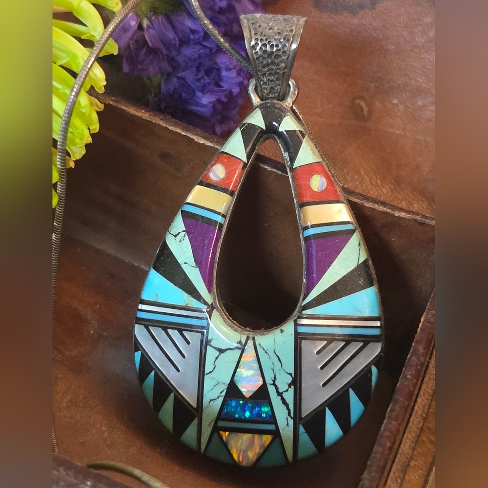 AMAZING Large Vintage Native American Zuni Signed JM Multi Stone Inlay Pendant